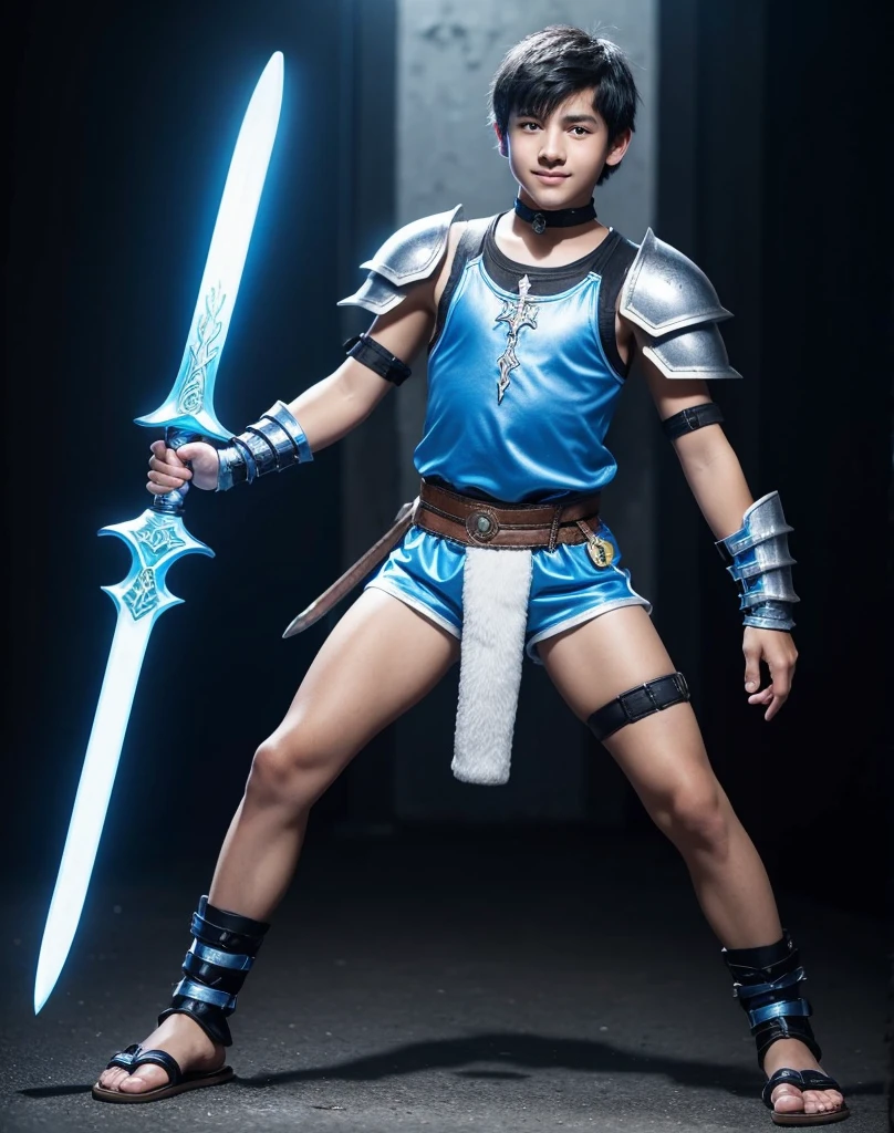 Young 13-year-old boy with black hair and brown eyes, innocent and happy, dressed in short neon-blue medieval barbarian clothes, fur shorts, light-blue battle armor, weilding silver sword and shield, sandals; fullbody; short hair, boyish athletic, sexy,