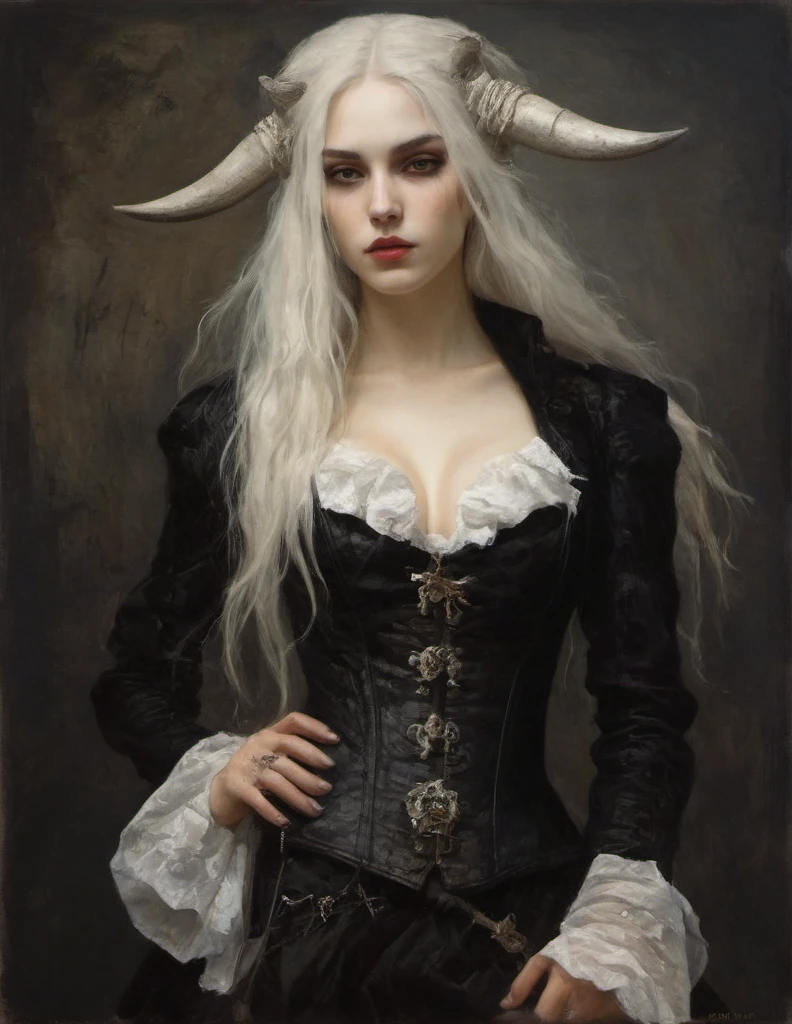 James Gurney, Surrealist art , dream-like, Mysterious, Provocative, symbolic, Complex, detailed,, (Gothic but very beautiful:1.4), (masterpiece, highest quality:1.4) , Nicola Samori Style, young girl, long white hair, pointed ears, black horns, pirate coat, corset
