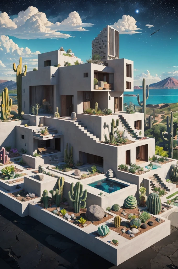 An illustration, collage style, David Hockney visual style, (((Luis Barragán's architectural style houses in middle of a lake))), big boulders, little cascade, mountains, volcanos, volcanic landscape, pool, stairs, beautiful gardens, abundant vegetation, cacti, agave, big clouds, sunset. Magazine cover, serif tipography, editorial design, masterpiece, An illustration in collage style, con rocas gigantes, Brutalist construction sections, escaleras, cactus, agave, textura de concreto, Multiple geometric shapes, hatch and cross hatching, planeta Saturno. ((masterpiece, best quality)),illustration,ultra detailed 8k. (((An illustration of a build designed by Luis Barragán))), with a desertic vegetation garden, (big rocks), ((cacti)), lake, volcano in horizon, smooth clouds, (((illustration collage format))), ((Escher's art style)), (((multiple sections))), (violet, blue, olive green, grey, black and white), hard shadows, (((geometric sculptures))), concrete sculptures, high contrast, dramatic, cinematographic, ((milky way galaxy)), intricate, intricate details, sharp focus,landscape
