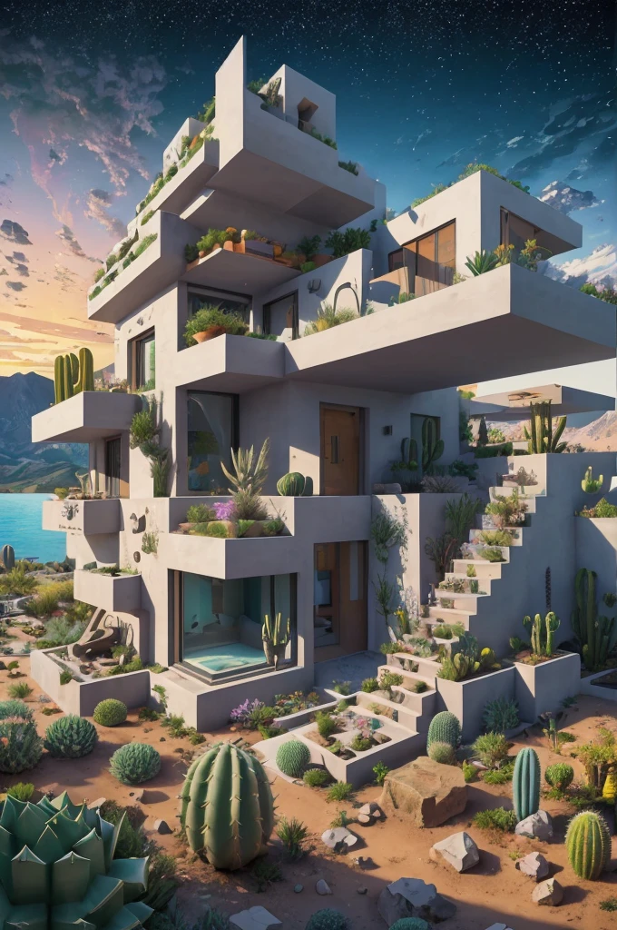 An illustration, collage style, David Hockney visual style, (((Luis Barragán's architectural style houses in middle of a lake))), big boulders, little cascade, mountains, volcanos, volcanic landscape, pool, stairs, beautiful gardens, abundant vegetation, cacti, agave, big clouds, sunset. Magazine cover, serif tipography, editorial design, masterpiece, An illustration in collage style, con rocas gigantes, Brutalist construction sections, escaleras, cactus, agave, textura de concreto, Multiple geometric shapes, hatch and cross hatching, planeta Saturno. ((masterpiece, best quality)),illustration,ultra detailed 8k. (((An illustration of a build designed by Luis Barragán))), with a desertic vegetation garden, (big rocks), ((cacti)), lake, volcano in horizon, smooth clouds, (((illustration collage format))), ((Escher's art style)), (((multiple sections))), (violet, blue, olive green, grey, black and white), hard shadows, (((geometric sculptures))), concrete sculptures, high contrast, dramatic, cinematographic, ((milky way galaxy)), intricate, intricate details, sharp focus,landscape
