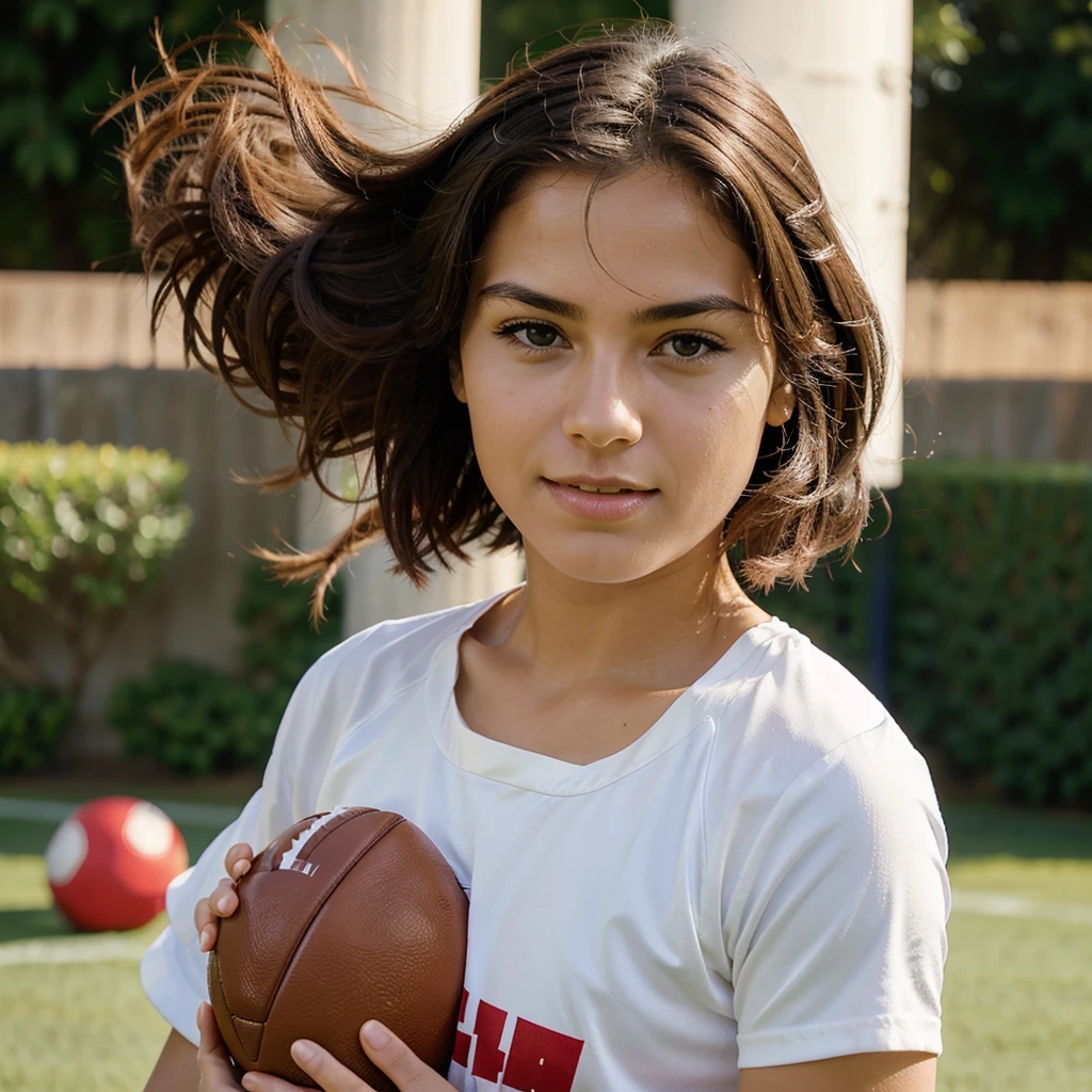 Create an image of a person with an emoji face but with hair. Playing football 