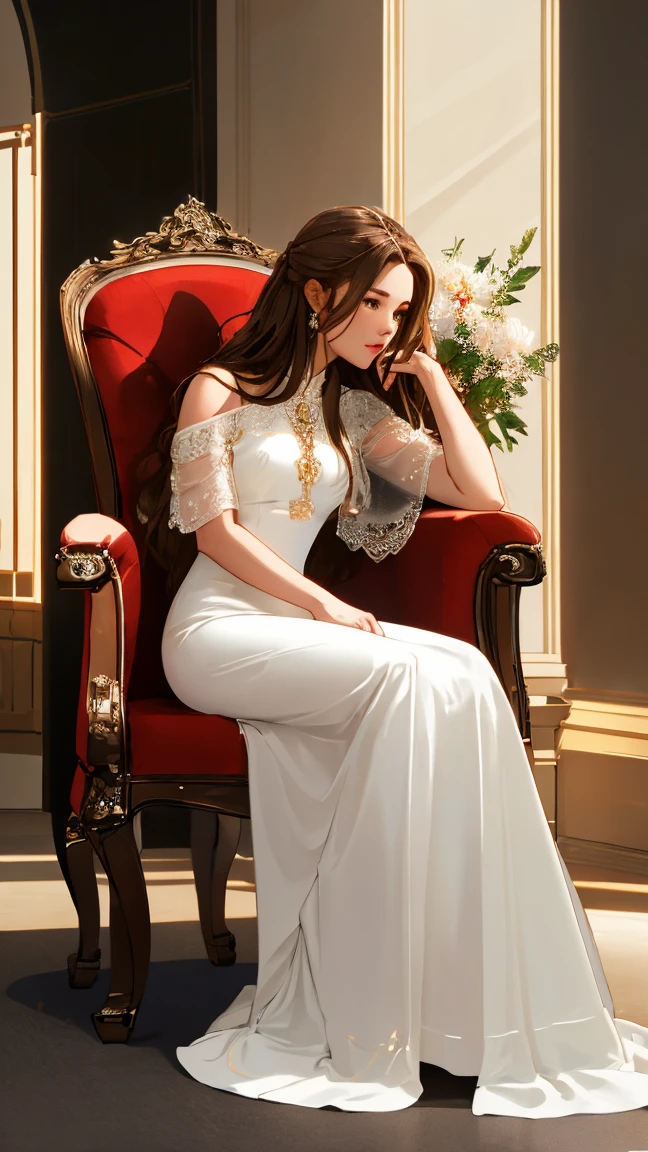 8K, Highest quality, masterpiece, Super detailed, Ultra-high resolution, Inside the room, Dim lighting, ((One female)), whole body, Sitting in a chair, Landscape, Long Hair, Brown Hair, White long dress, In front of the fireplace