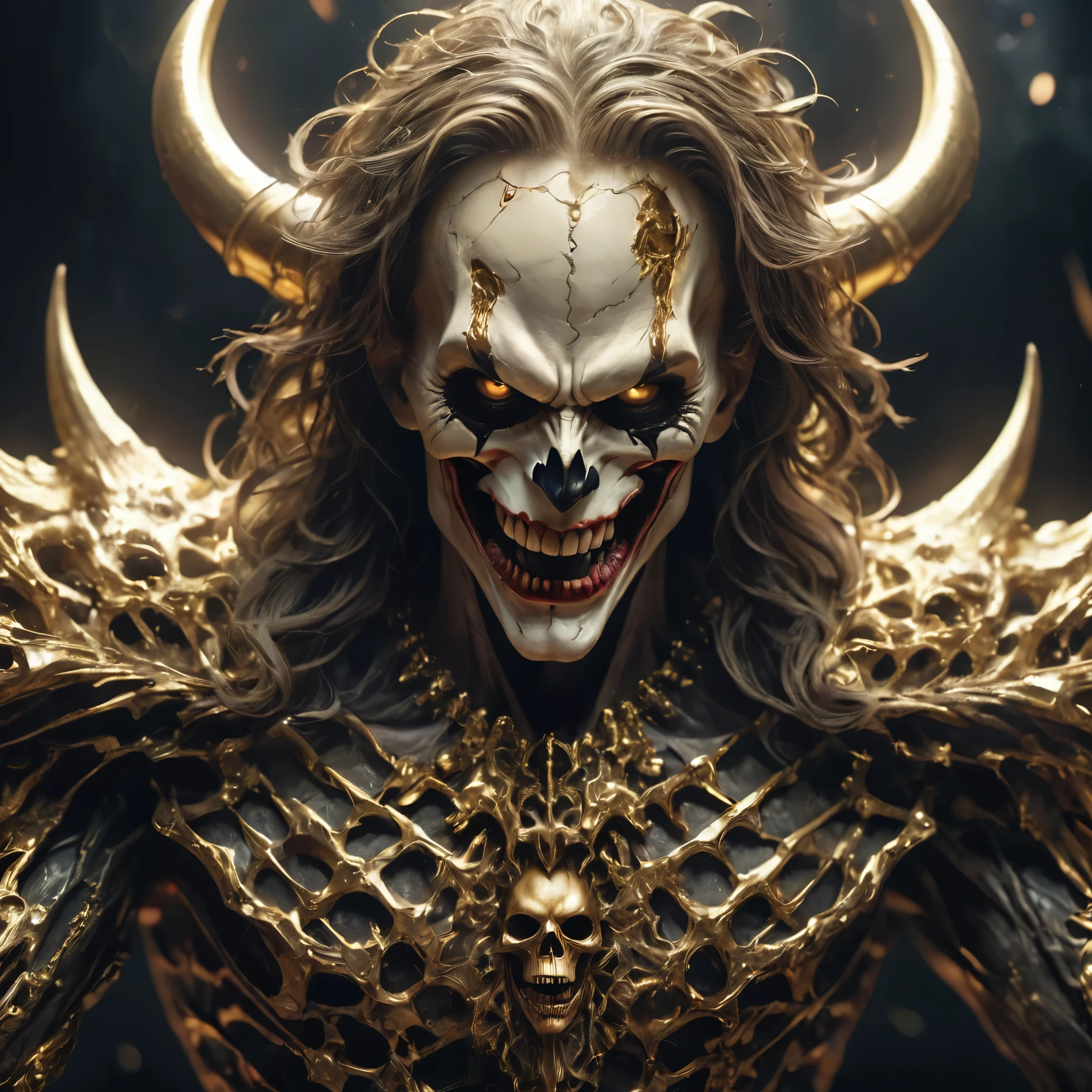Ultra Wide Angle,dark epic background,gorgeous realistic,golden design,demon joker skull,cinematic,insane details,details Intricate,hyperdetailed,