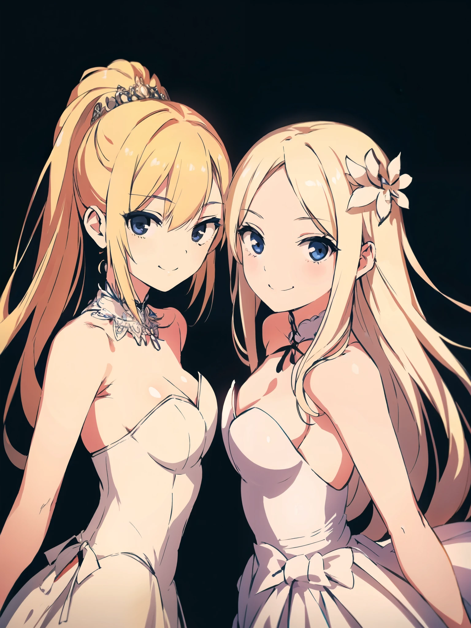 2girls, looks each other, symmetric, strapless, bride dress, simple background,  smile, middle , middle hair, blonde