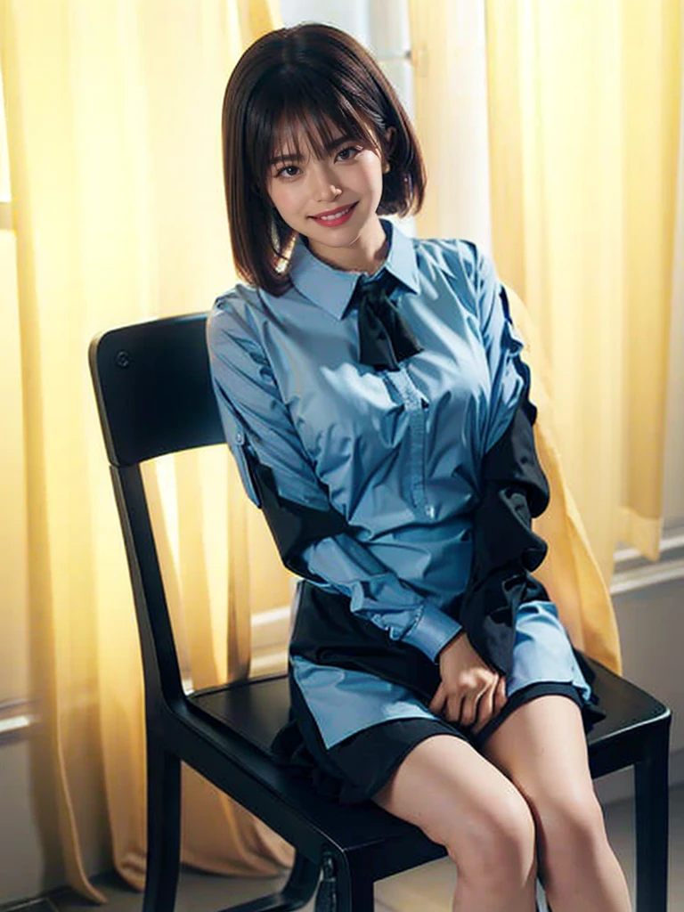 (8raw photo, 1girl, medium breast, collared blouse, light smile, detailed skin, simple background, Above the knee, sit on a chair, photorealistic, masterpiece, best quality, anatomically correct