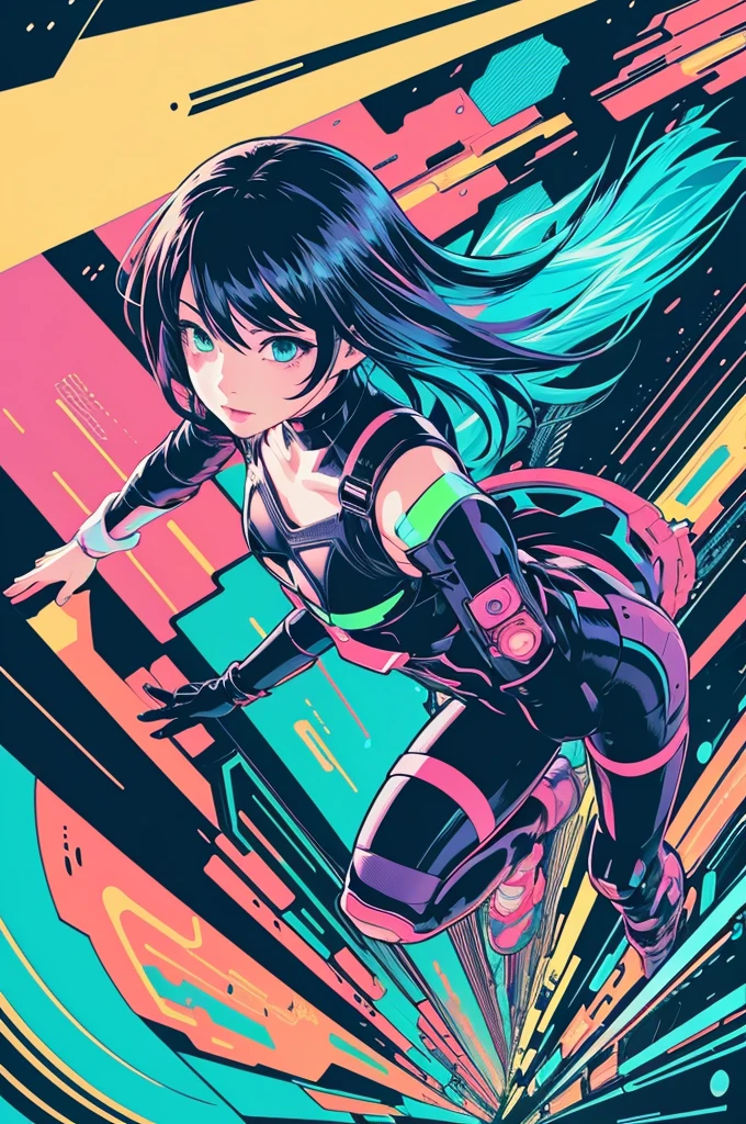anime, girl, cute, cyber punk, colorful, ink paint Line art, Vector art, Bold line, Glitch Art, Flat Color, Key Visual, Vibrant, Drafting, Line art, Minimalist, masterpiece, Flying across the ocean towards the morning sun,