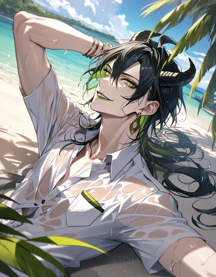 ((masterpiece:1.4, best quality)), (Ultra detailed background), 1boy, handsome man, highly detailed beautiful face and eyes, white hair, beautiful eyes, (sharp detail:1.3), shiny, earrings, bracelet, (wet clothes:1.3), Shirts, Bari, Cebu Island, plumeria, near the beach, stretch,lie on one's back, dynamic angle, malleus draconia (twisted wonderland) horns, bishounen, boy, male, yana Toboso style, long hair, black hair, yellow green eyes, smile, gray lips, handsome, skinny, tall, yellow green glow,