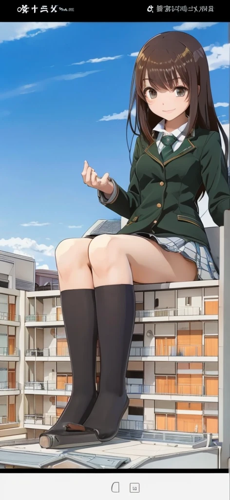An Asian girl, sitting on the building, was surrounded by tiny people, the tiny people climb her socks, the Asian girl holding some tiny people with her hand and looking at them, she has warm-white skin colour, long brown hair colour green eyes colour She is wearing Japanese High-school uniform and she wearing a pair of long black socks, (size difference), (giantess), (masterpiece),(appropriate), (details),(anime realistic),(smile),(scornful look)