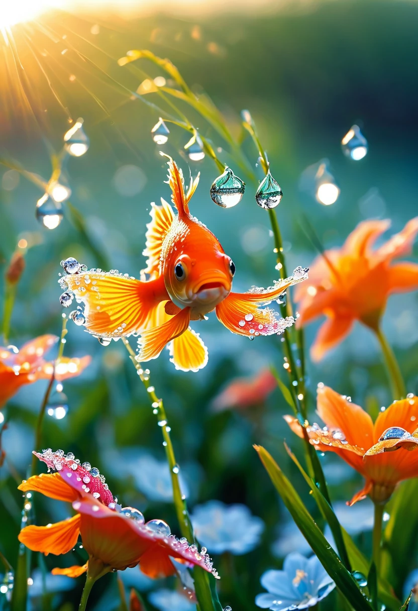 The first rays of sunlight in the morning，(((dewdrops on flowers，(sunrise)，))).Goldfish in the sky，Nice photos，HD Wallpapers，