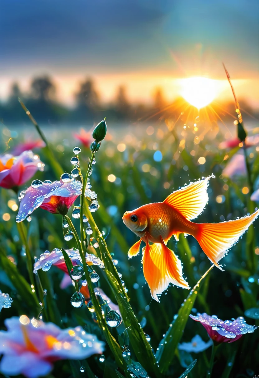 The first rays of sunlight in the morning，(((dewdrops on flowers，(sunrise)，))).Goldfish in the sky，Nice photos，HD Wallpapers，