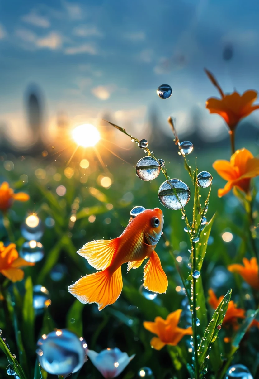 The first rays of sunlight in the morning，(((dewdrops on flowers，(sunrise)，))).Goldfish in the sky，Nice photos，HD Wallpapers，