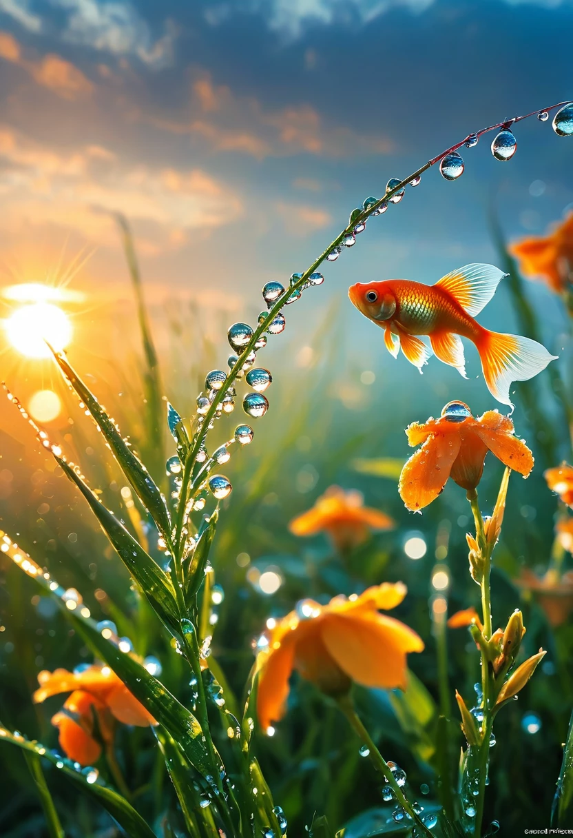 The first rays of sunlight in the morning，(((dewdrops on flowers，(sunrise)，))).Goldfish in the sky，Nice photos，HD Wallpapers，