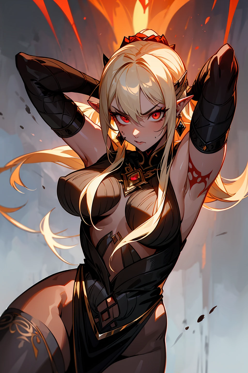 Create a fantasy-themed portrait of a fierce and powerful female warrior with striking features. She has long, flowing platinum blonde hair and glowing red eyes that exude intensity and determination. Her pointed ears and angular features hint at an elven heritage, while her confident expression and bold, dark red lipstick emphasize her strength and charisma.
She is adorned in intricate, red, and black armor with metallic accents and detailed engravings. The armor covers her shoulders, arms, and chest, featuring a revealing design that showcases her strong physique. She wears matching red earrings that emit a subtle glow, adding to her fierce and enchanting presence. Her skin is fair, adorned with dark, mystical tattoos on her thigh and cheek, hinting at her magical prowess and dark allegiance.
The background is a dark, smoky environment with swirling red energy and embers, creating an ominous and dramatic atmosphere. The overall mood of the portrait should be intense, powerful, and captivating, highlighting the character's formidable nature and warrior spirit.