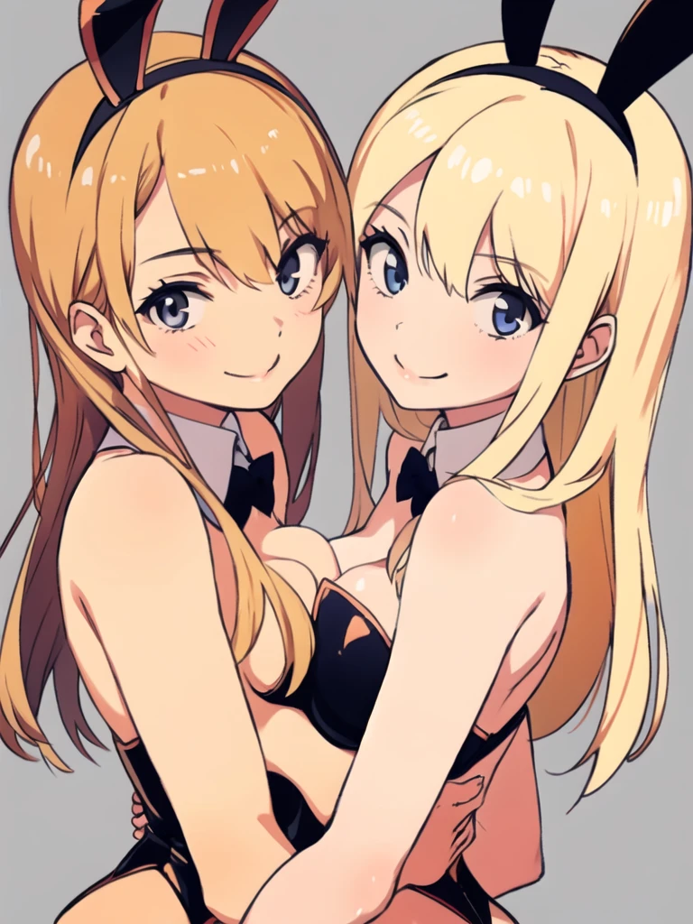 2girls, looks each other, symmetric, strapless,  bunny suits, simple background,  smile, middle breastse hair, blonde