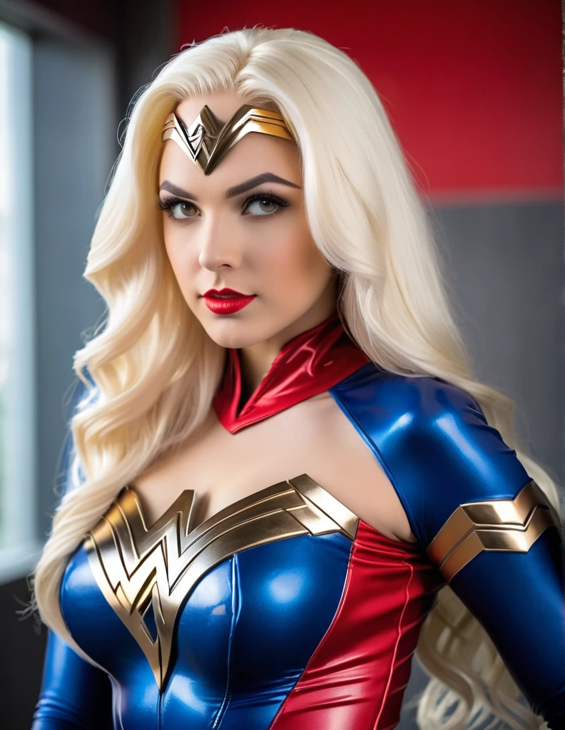 very attractive 25 year old girl with long platinum blonde hair, wearing skin tight latex wonderwomanl cosplay outfit. very realistic