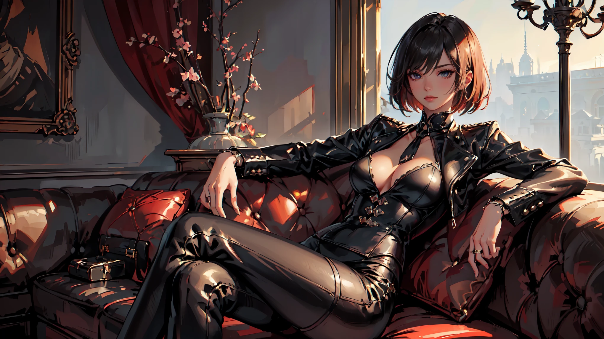 (Masterpiece, Best Quality, Ultra High Resolution , Digital Art,Beautiful and Aesthetic ) . ( One Fashionable adult girl with a short oblique bob, slender figure, expressive and dominating look ) in modern men's suit in youth style , matte black color , lovely thin white but long tie , (silk thick threads of red color connect the necklines on the sides of the whole suit) , . The character sits on a large massive sofa with lots of leather and metal patterns on it in vintage style , an interesting and atmospheric pose that characterizes the character ,(Photorealistic style combined 2.5D . Realistic picture , realistic anatomy , beautiful perspective . Best image quality , depth , pastel color , Natural shading , focus on the face , Big Hair ( black with red gelding ) , well detailed eyes , detailed background in modern boudoir style . ) .