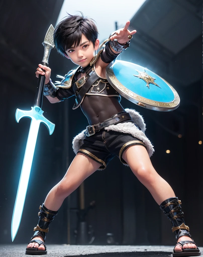 Young 13-year-old boy with black hair and brown eyes, innocent and happy, dressed in short neon-blue medieval barbarian clothes, fur shorts, light-blue battle armor, weilding silver sword and shield, sandals; fullbody; short hair, boyish athletic, sexy,
