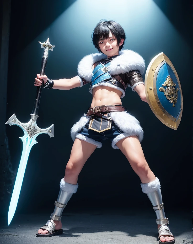 Young 13-year-old boy with black hair and brown eyes, innocent and happy, dressed in short neon-blue medieval barbarian clothes, fur shorts, light-blue battle armor, weilding silver sword and shield, sandals; fullbody; short hair, boyish athletic, sexy,