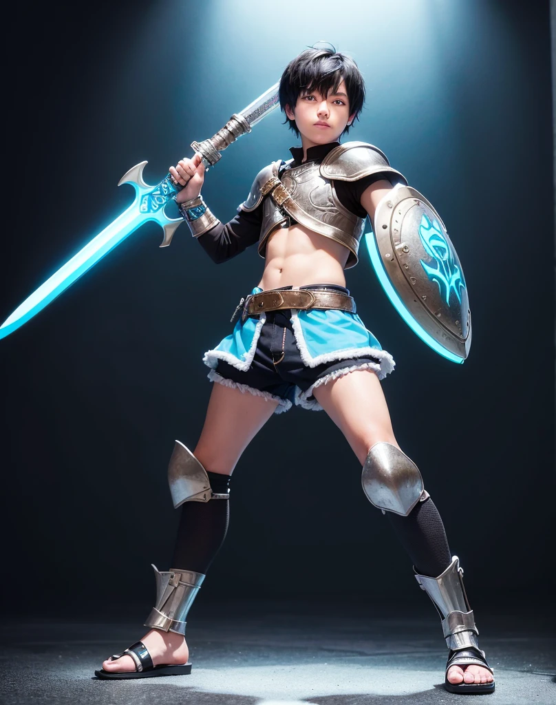 Young 13-year-old boy with black hair and brown eyes, innocent and happy, dressed in short neon-blue medieval barbarian clothes, fur shorts, light-blue battle armor, weilding silver sword and shield, sandals; fullbody; short hair, boyish athletic, sexy,