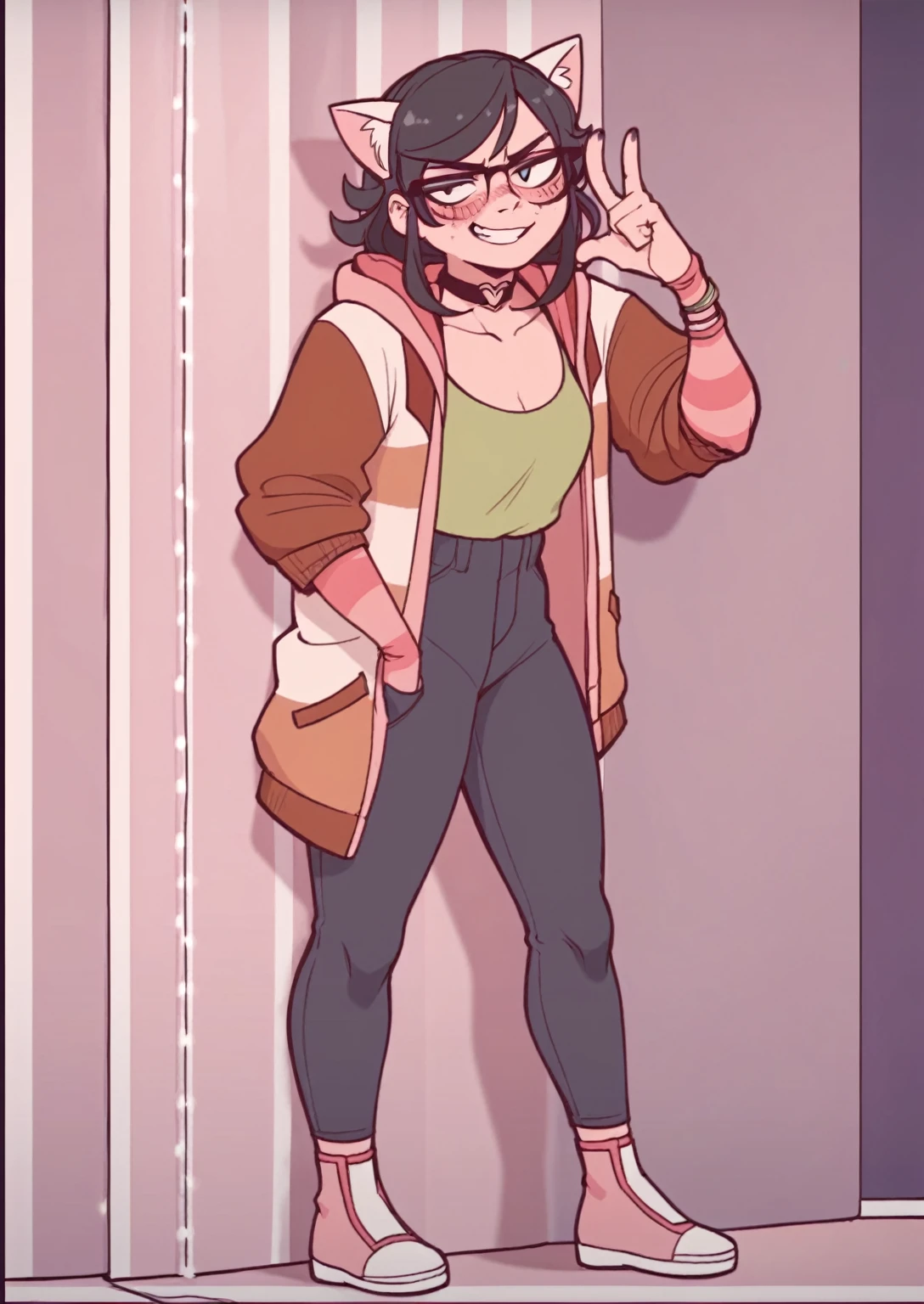 score_8_up, score_7_up, score_6_up, score_5_up, score_4_up, anime screenshot 1girl, solo, medium hair, black hair,  cat years, no freckles, thin glasses, leaning against wall , full body, looking at viewer, jacket, shirt, choker , looking at you, >:3, downturned eyes, smirking, arm about to punch you , annoyed expression, asian 