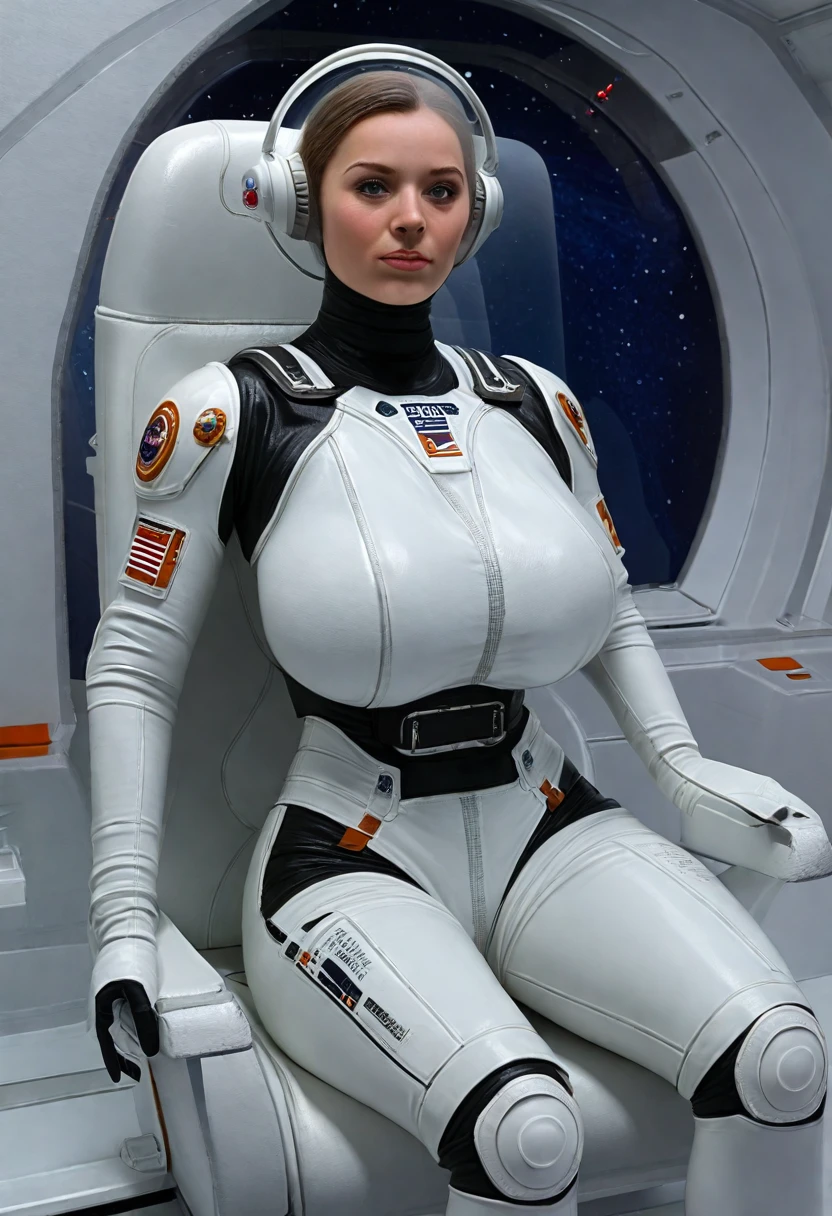 a sexy woman in a space suit sitting in a space station, gigantic breasts, beautiful woman in spacesuit, in a scifi movie, sci - fi pilot, scifi woman, sci-fi female, clothed in sci-fi military armor, on a spaceship, powerful woman sitting in space, fully space suited, in a spaceship, in spacesuit, sci - fi suit, futuristic starship crew member