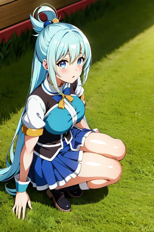 the anime character konosuba, called goddess Aqua, crouched in the middle of the village