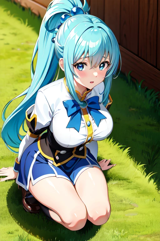 _asura style, 1girl, 1boy, solo focus, aqua (konosuba), large breasts, large penis, looking at penis, blowjob, cowboy shot, squatting, no panties