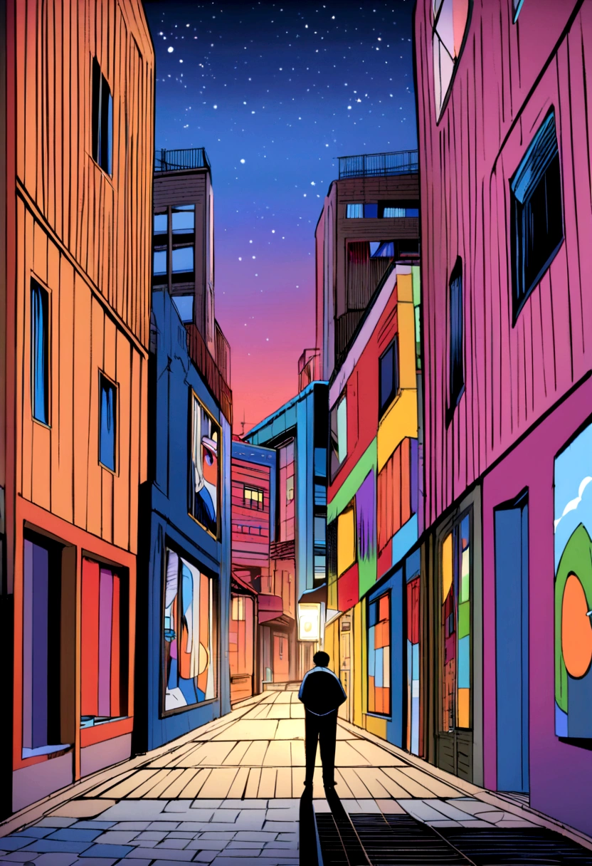 A man in the nightscape, at a rooftop viewing the street, insired by modern art, art style yusuke murata