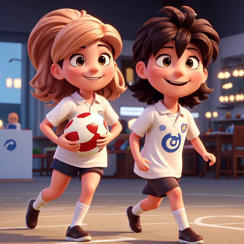 Create an image of a person with an emoji face but with hair. Playing football
