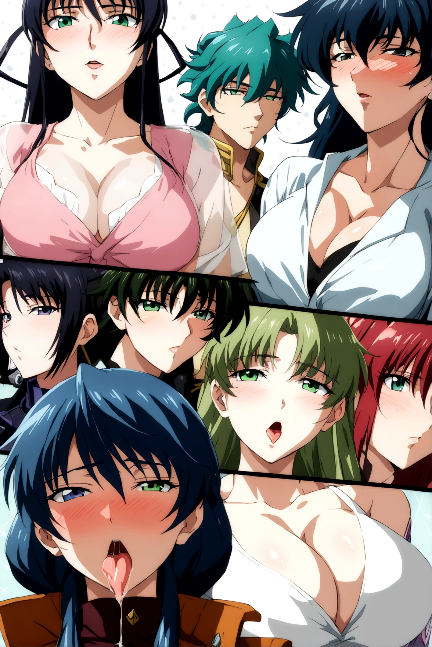 Large Breasts, anime girl with blue hair and green eyes long haired, misato katsuragi, portrait knights of zodiac girl, fubuki, kusanagi, inspired by Rei Kamoi, nico robin, ikki tousen, knights of zodiac girl, juri misaki, gainax anime style, close view 8K,HD,Wallpaper masterpiece 1.3, large ass, casual Clothes, slutty , Face close up, cleavage, ahegao, sexy. Tounge sticking out, blushing, eyes rolled back 