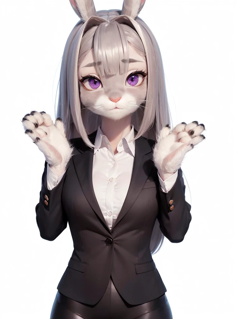best quality,
masterpiece,
hyper Realistic,
ultra-detailed,
beautiful detailed,
4K,8K,High level,
PIXAR,
Photo real,
Portrait,
Looking at the audience,
background is an office,
Realistic lighting,
((anthropomorphic rabbit)),
detailed animals,
Complex patterns,
(furry:1.5),
(Whole skin is gray:1.4),
(body is fluffy and bushy:1.3),
((human hands)),
(Face is JudyHopps:1.35),
((long straight hair)),
wispy bangs, bangs,
purple eyes,
(arched eyebrows:1.2),
(uplift eyebrows:1.1),
(rabbit ears:1.1),
office lady is wearing suit,
((White blouse)) BREAK ((Black blazer)) BREAK ((Black pants)),
clothes made of wool,
((She is blushing in the cheeks)),
(solo:1.5),
(1 lady:1.5),
one character only
alone,
Perfect Anatomy,