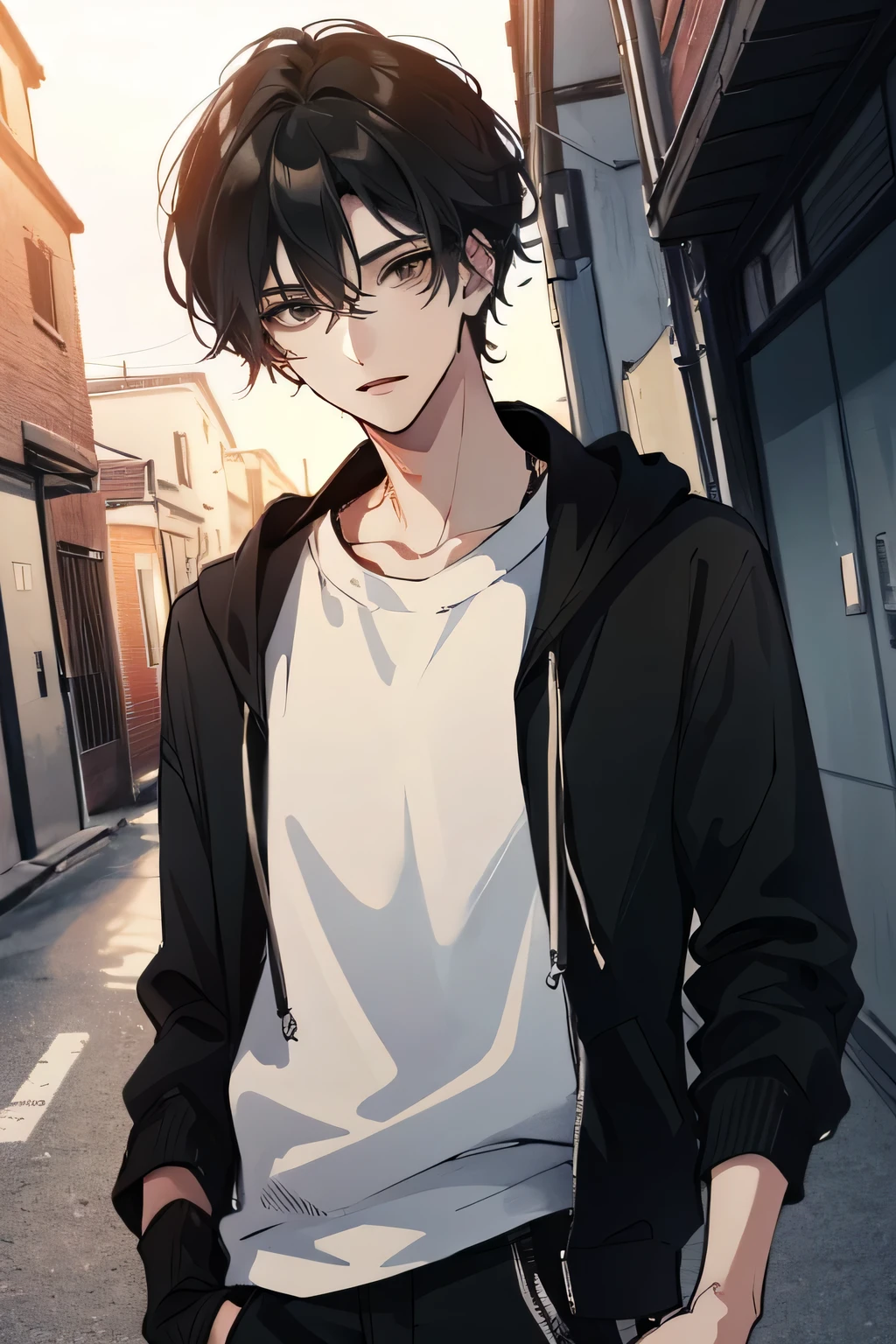 masutepiece, Detailed picture,Single male,late 20s age, The upper part of the body, A dark-haired, Black eyes, gloom, Reach out to the viewer,Dynamic Angle,Wearing a sweatshirt,Reviewer is watching, background is back alley,HDR high quality