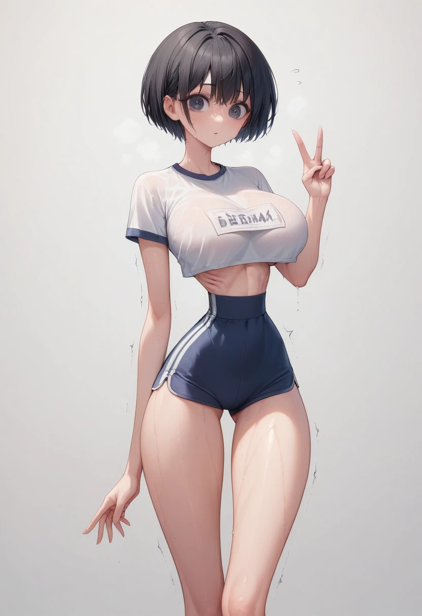 (masterpiece, best quality:1.2), Shader, High contrast, behind shot, 1girl, kawaii, (super big breasts, micro waist, very long legs:1.3), Black hair, short bob hair, short height, scrawny and thin body, Light Skin, cute big eyes, cute beautiful thin face, Gym clothes, pigeon-toed, wet and sweaty, visible ribs, V sign, Trembling