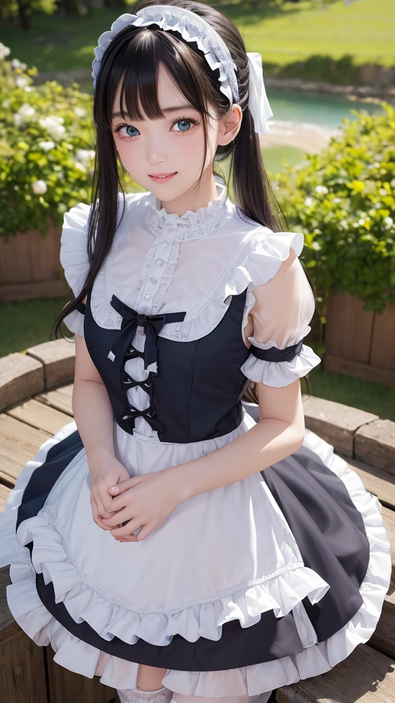 ((masterpiece)), ((highest quality、Ultra high definition)), (Very detailed),8K、Photo quality、((Amazingly cute girl)), -yeld gi Two people, , (Beautiful emerald blue eyes), ((smile)),In the open-air bath overlooking the sea, Beautifully arranged black hair in twin tails、whole body、((Super high-end white see-through summer gothic lolita maid costume、A super mini skirt with lots of frills))、Professional Lighting、(White lace knee-highore detailed and beautiful)、(More details and cutenesore realistic)、