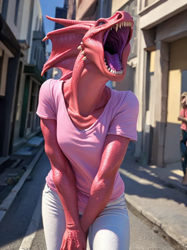 6girls, Many women, beautiful detailed eyes, horrified, scared, screaming, beautiful detailed lips, extremely detailed eyes and face, pink t-shirt, white jeans, standing on a street corner, award winning, intricate details, photorealistic, cinematic lighting, volumetric lighting, depth of field, beautiful face, striking pose, dynamic composition, vivid colors, warm tones, dragon, pink and red scales