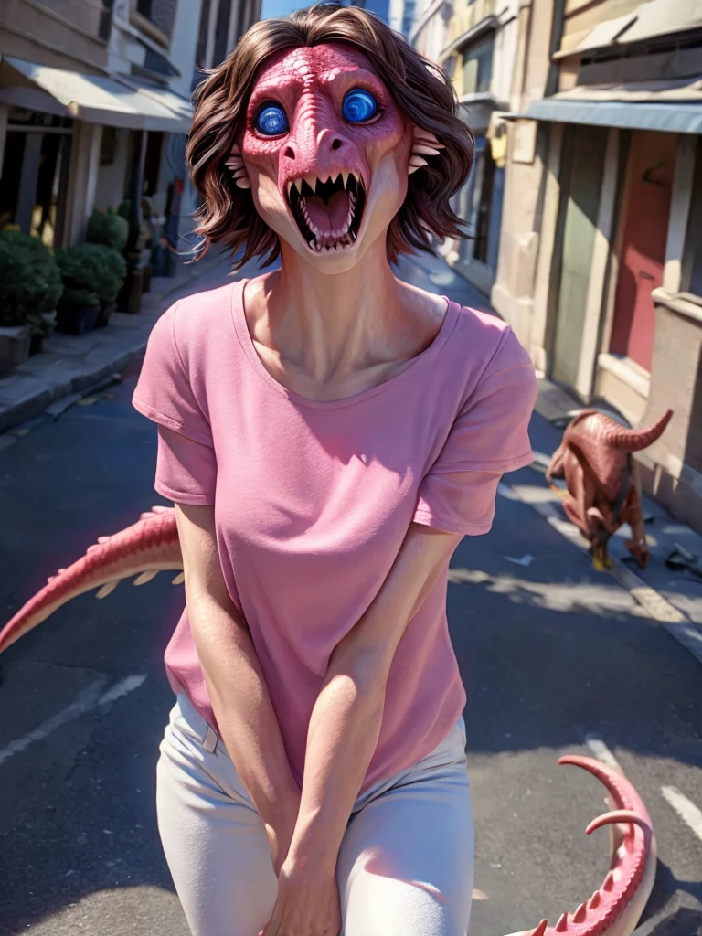 6girls, Many women, beautiful detailed eyes, horrified, scared, screaming, beautiful detailed lips, extremely detailed eyes and face, pink t-shirt, white jeans, standing on a street corner, award winning, intricate details, photorealistic, cinematic lighting, volumetric lighting, depth of field, beautiful face, striking pose, dynamic composition, vivid colors, warm tones, dragon, pink and red scales