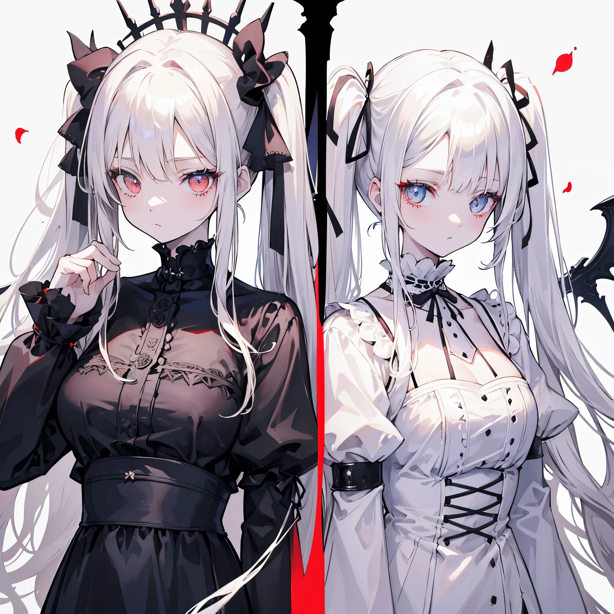 Two girls, red eyes and beige hair, blue eyes and white hair, twin tails, long hair, monochrome gothic fashion, white roses, white background,