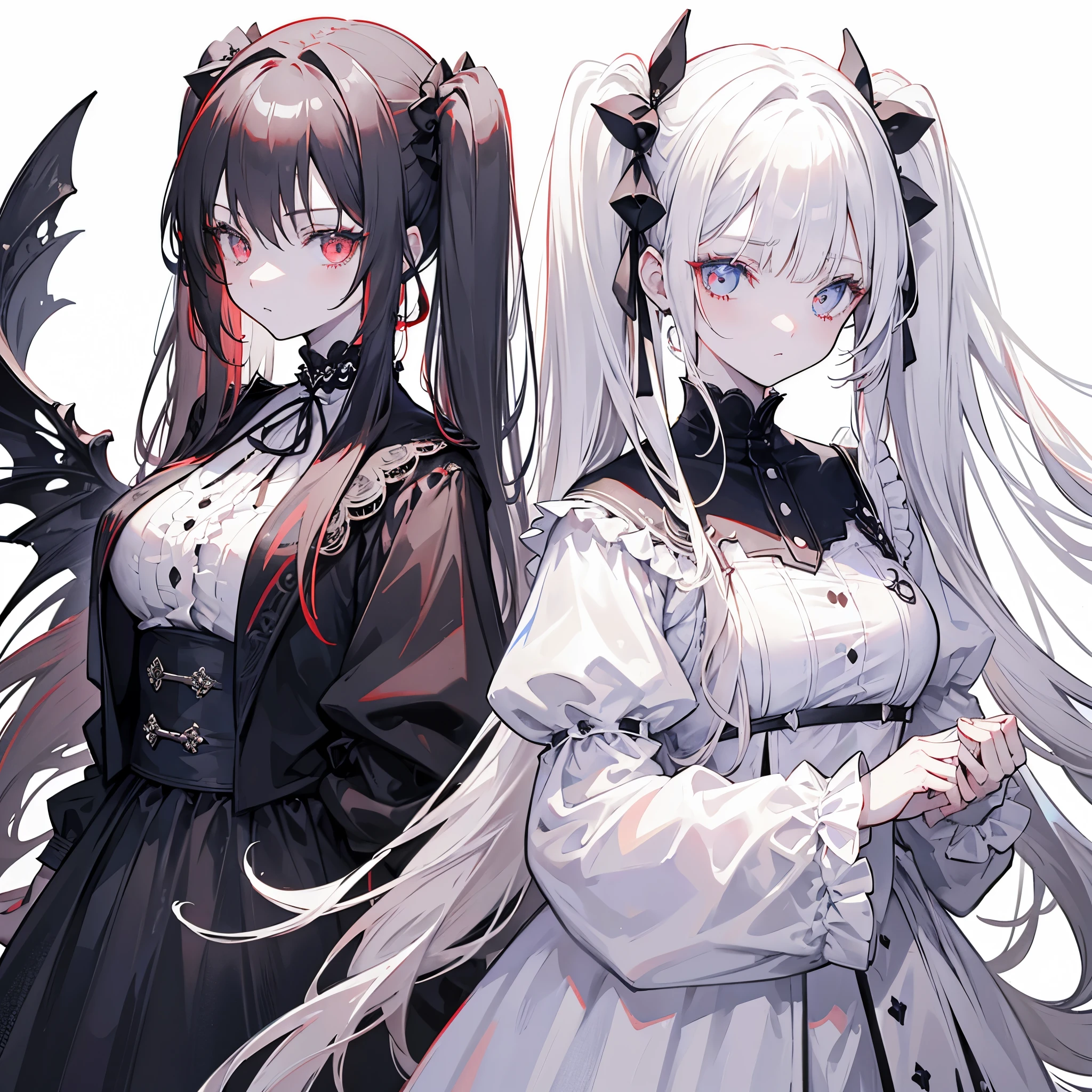 Two girls, red eyes and beige hair, blue eyes and white hair, twin tails, long hair, monochrome gothic fashion, white roses, white background,