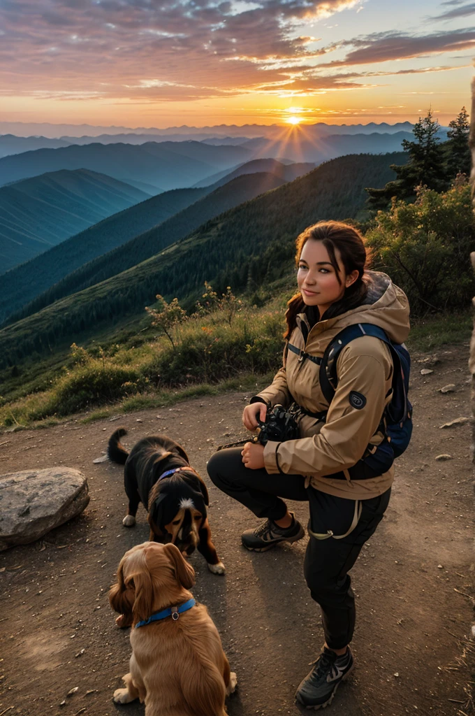 A trekking girl with dog watching sunset