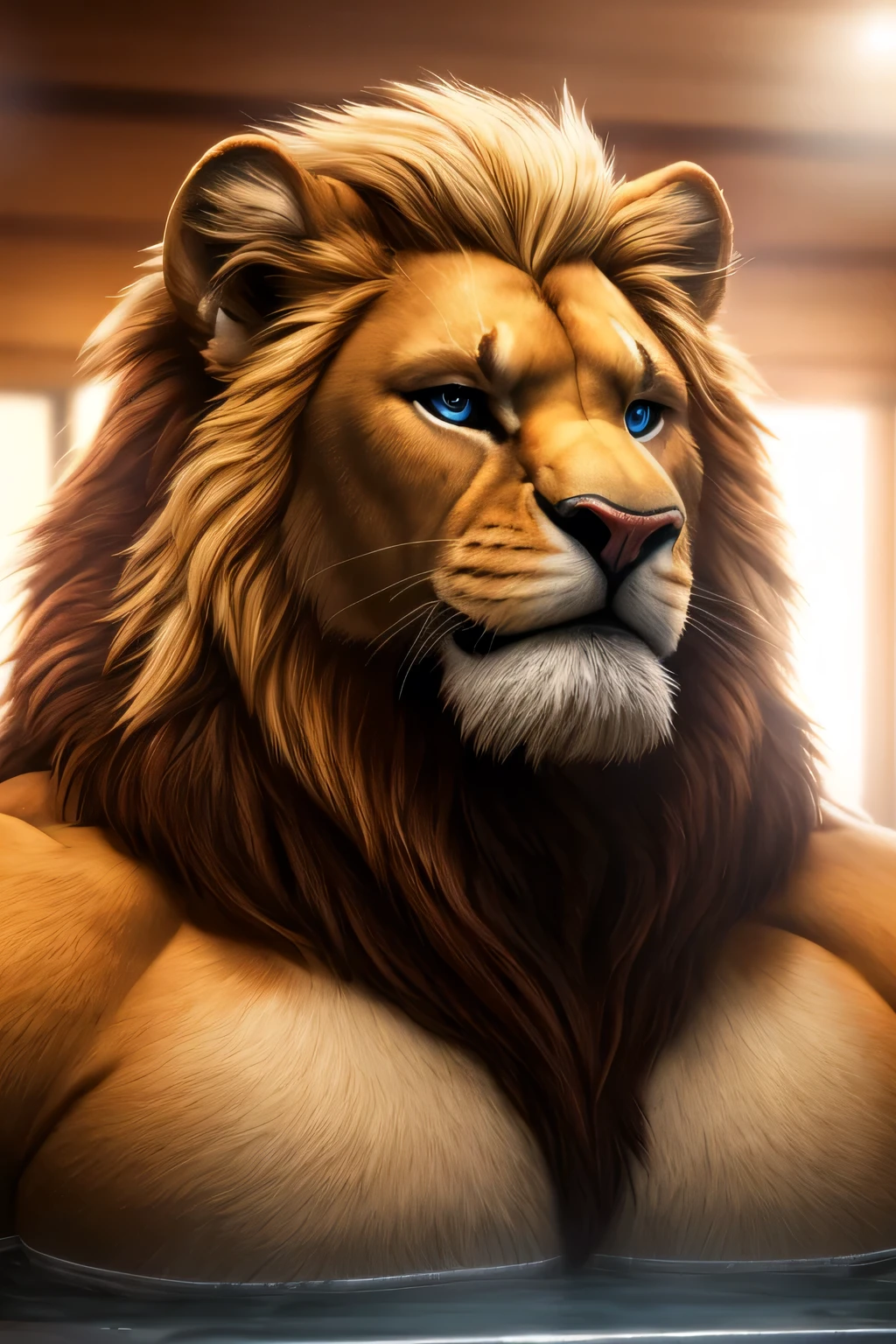 a massive lion, extremely realistic male werelion, long flowing blond mane, extremely detailed and realistic eyes, very very obese body, very very big belly, transparent long fur, tight jockstrap, room with Jacuzzi and sauna, face portrait, face portrait correct, best quality, 8k, highres, masterpiece, ultra-detailed, realistic, photorealistic, photo-realistic, HDR, UHD, studio lighting, ultra-fine painting, sharp focus, physically-based rendering, extreme detail description, professional, vivid colors, bokeh, cinematic, extremely detailed eyes and face, correct anatomy, correct eyes, correct hand