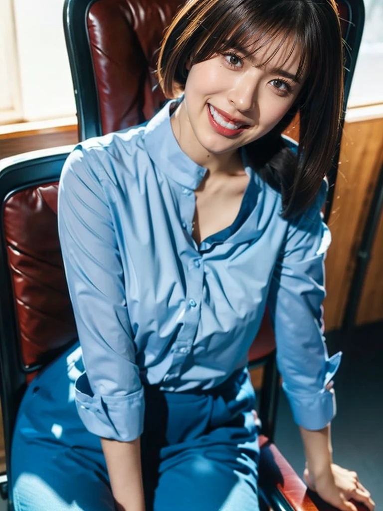 (8raw photo, 1girl, medium breast, collared blouse, light smile, detailed skin, simple background, Above the knee, sit on a chair, photorealistic, masterpiece, best quality, anatomically correct