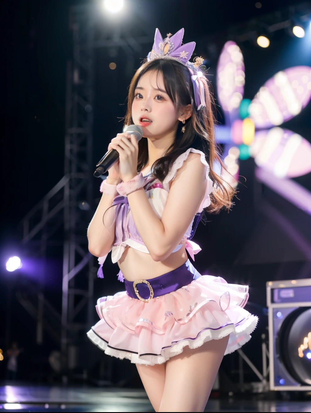 Girl Idol,
pink japanese idol costume,purple,
stage,Performance Site,Bokeh,
8K,RAW Photos,Highest quality,masterpiece,Realistic,photo-Realistic,
