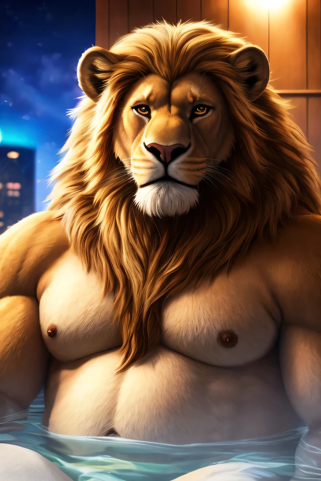 a massive lion, extremely realistic male werelion, long flowing blond mane, extremely detailed and realistic eyes, very very obese body, very very big belly, transparent long fur, tight jockstrap, room with Jacuzzi and sauna, face portrait, face portrait correct, best quality, 8k, highres, masterpiece, ultra-detailed, realistic, photorealistic, photo-realistic, HDR, UHD, studio lighting, ultra-fine painting, sharp focus, physically-based rendering, extreme detail description, professional, vivid colors, bokeh, cinematic, extremely detailed eyes and face, correct anatomy, correct eyes, correct hand