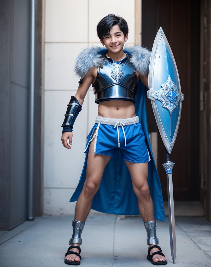 Young 13-year-old boy with black hair and brown eyes, innocent and happy, dressed in short neon-blue medieval barbarian clothes, fur shorts, light-blue battle armor, weilding silver sword and shield, sandals; fullbody; short hair, boyish athletic, sexy,