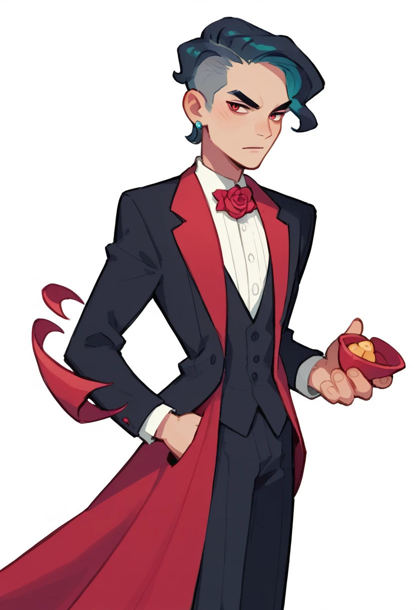 An evil young man, elegant, fancy clothes, white background
