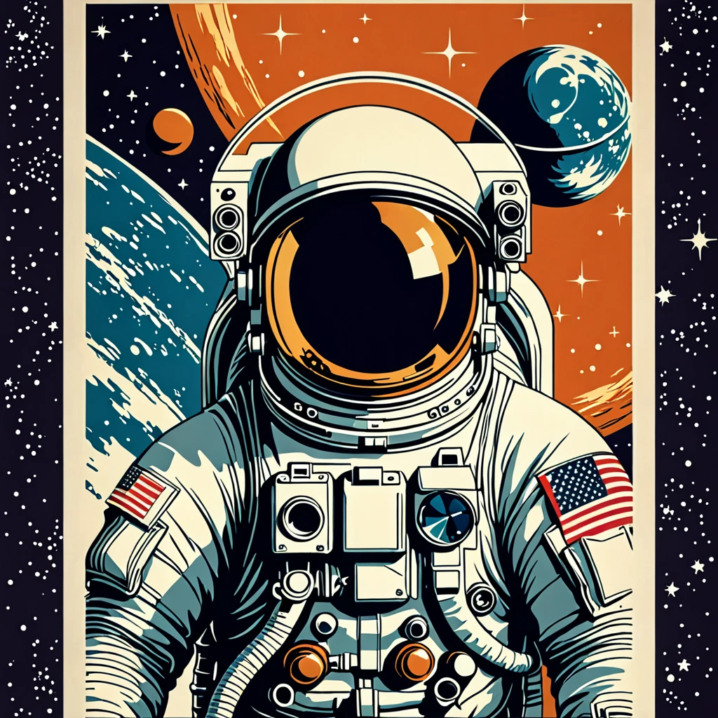 astronaut in space, retro poster, retro art, minimalistic, 1970s