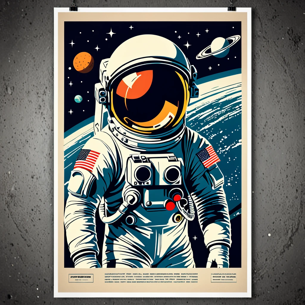 astronaut in space, retro poster, retro art, minimalistic, 1970s