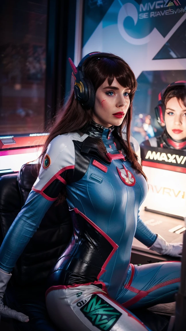 (masterpiece), (photorealistic1.4), (best quality), (European Model), (epiCRealLife), (Young Woman), (photorealistic), (red lipstick), (JenniferConnelly90s), (DVaOver full covered bodysuit),, (hair bangs), headphones,(face paint), (D.VA hairstyle), (D.VA overwatch costume), (bodysuit), (gloves), (facial mark), (spotlight), (ample light), (pose for pictures), (in a spacecraft), (night time), (at night), (flash photography)