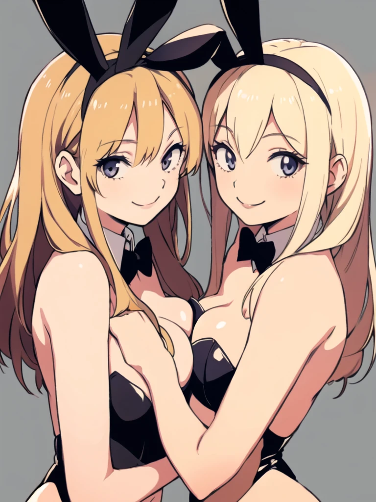 2girls, looks each other, symmetric, strapless, playboy bunny suits, simple background, smile, middle breasts, middle hair, blonde