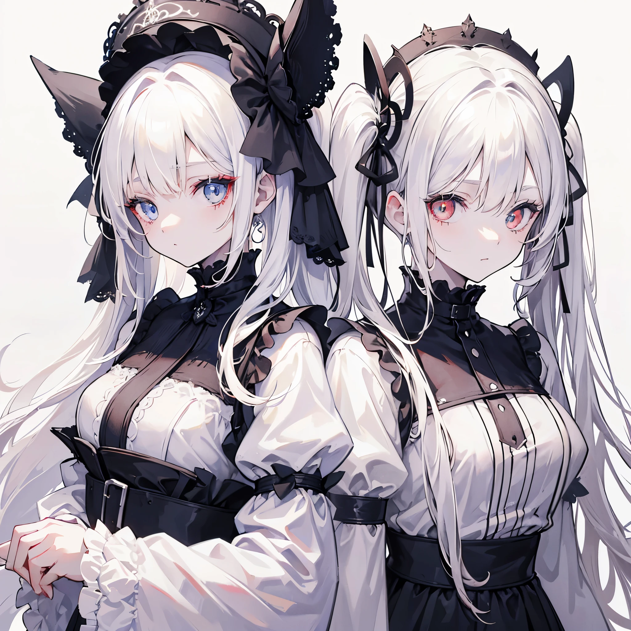 Two girls, red eyes and beige hair, blue eyes and white hair, twin tails, long hair, monochrome gothic fashion, white roses, white background,